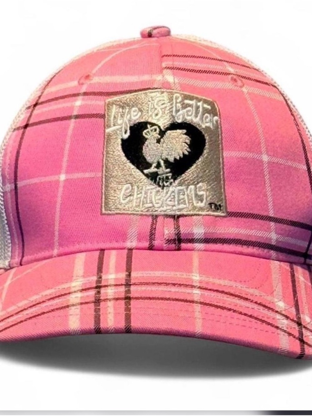 Women’s pink plaid life is better with chickens trucker cap hat